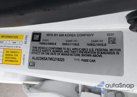 2021 Chevrolet Spark Fwd 1Lt Automatic z USA, uszkodzony, nr VIN KL8CD6SA7MC216225